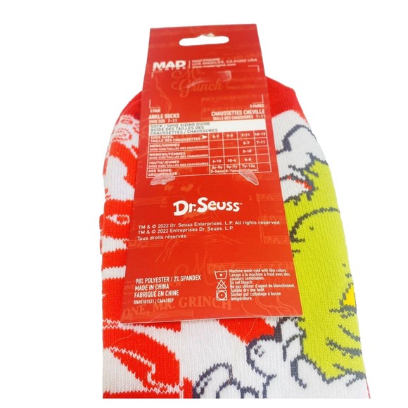 Dr. Seuss The Grinch Christmas Socks Unisex Festive Ankle Socks 3 Pack NEW - Picture 5 of 7